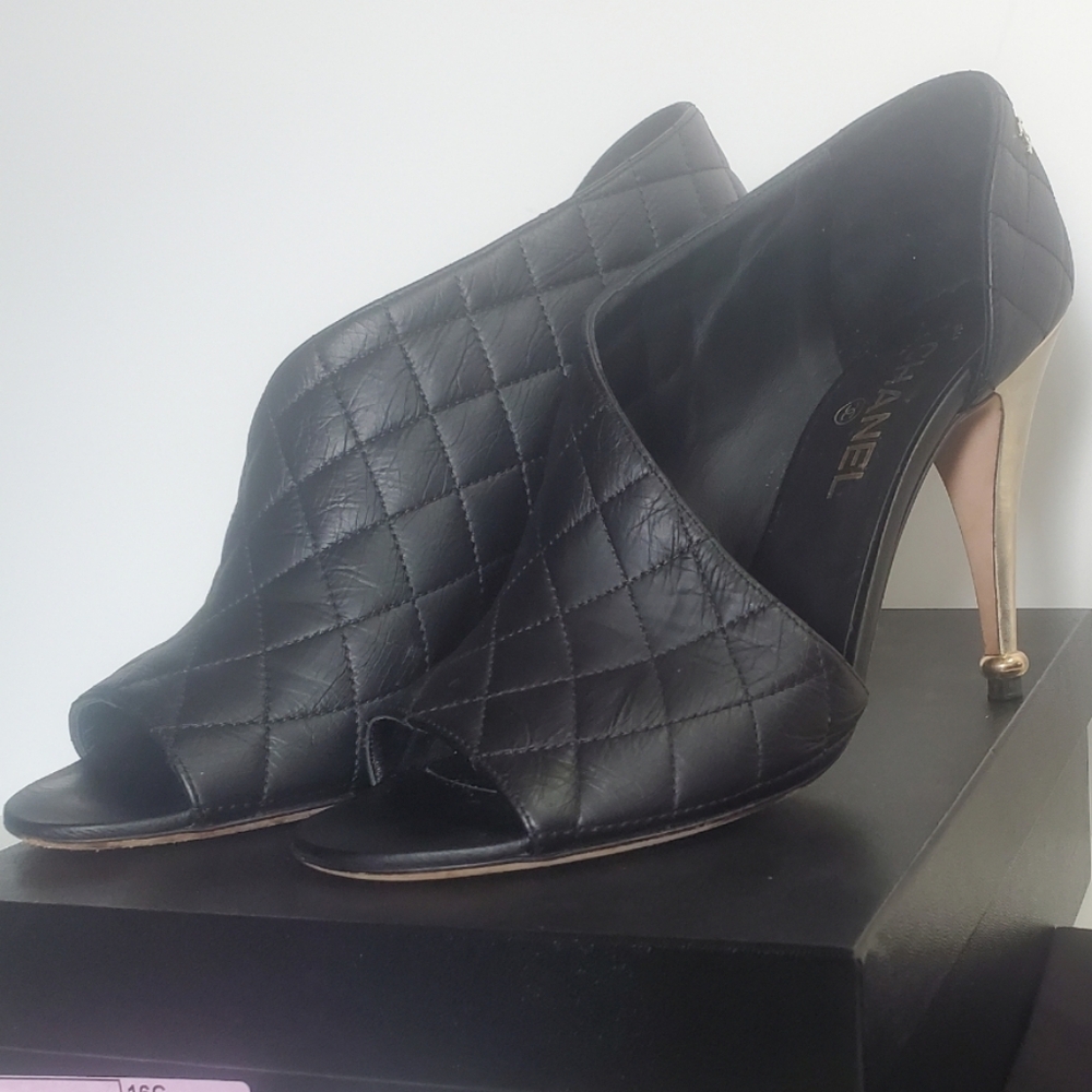 Chanel Black Quilted Leather Peep-Toe Heels